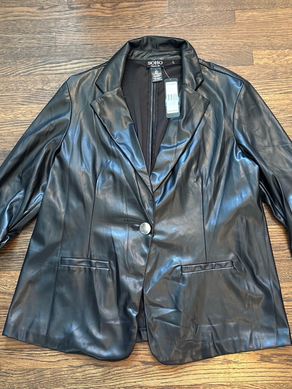 Soho Apparel Black Faux Leather Blazer Jacket - Single Button Notch Lapel